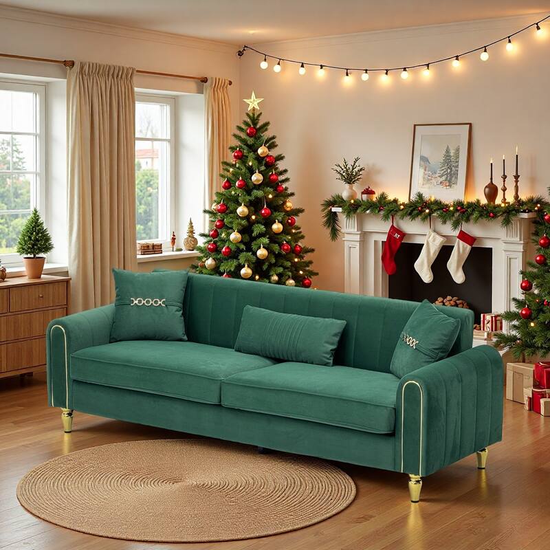 87.4" Luxury Loveseat Sofa with Metal Legs, Round Arms - Green - Fabric+Metal