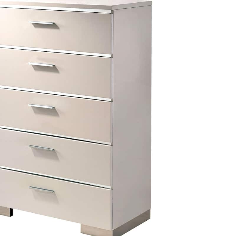 Wood and Metal Chest with 5 Drawers and Block Legs, White and Silver