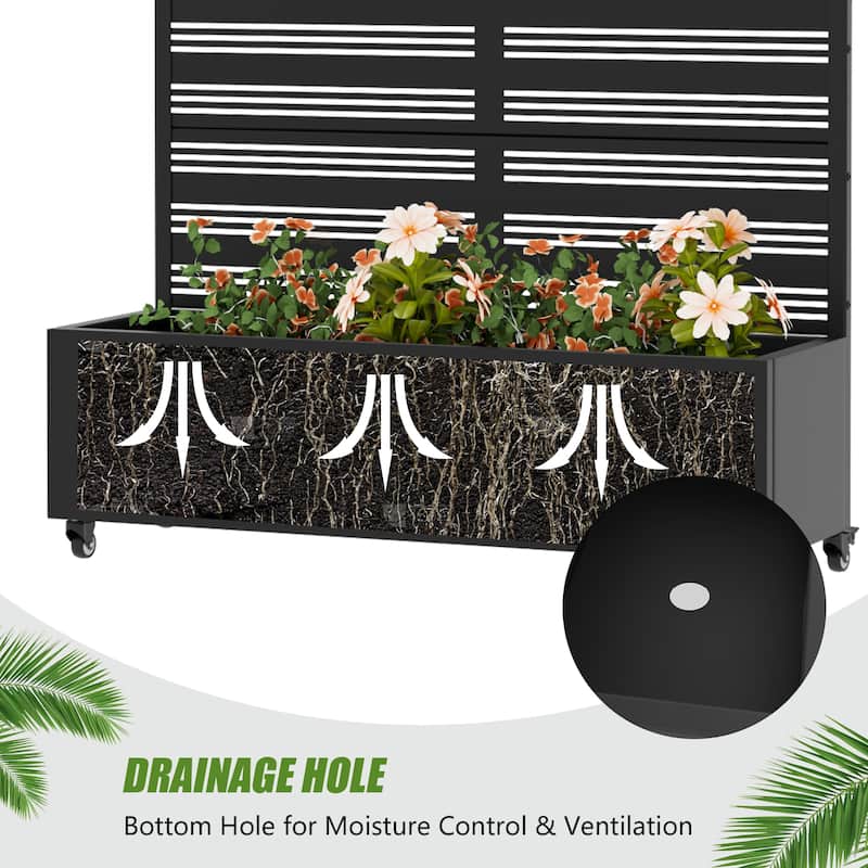 Metal Galvanized Planter Box with Trellis Privacy Screen Lockable Wheels Set of 2