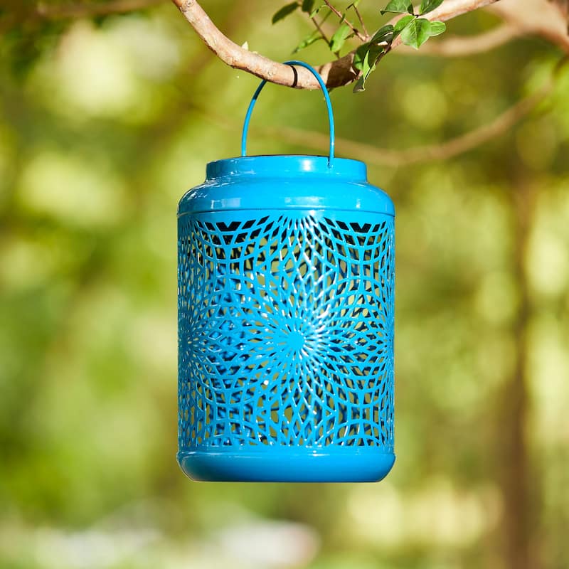 Glitzhome 8.75"H Outdoor Waterproof Metal Solar Hanging Lantern with Flower Leaves Decor