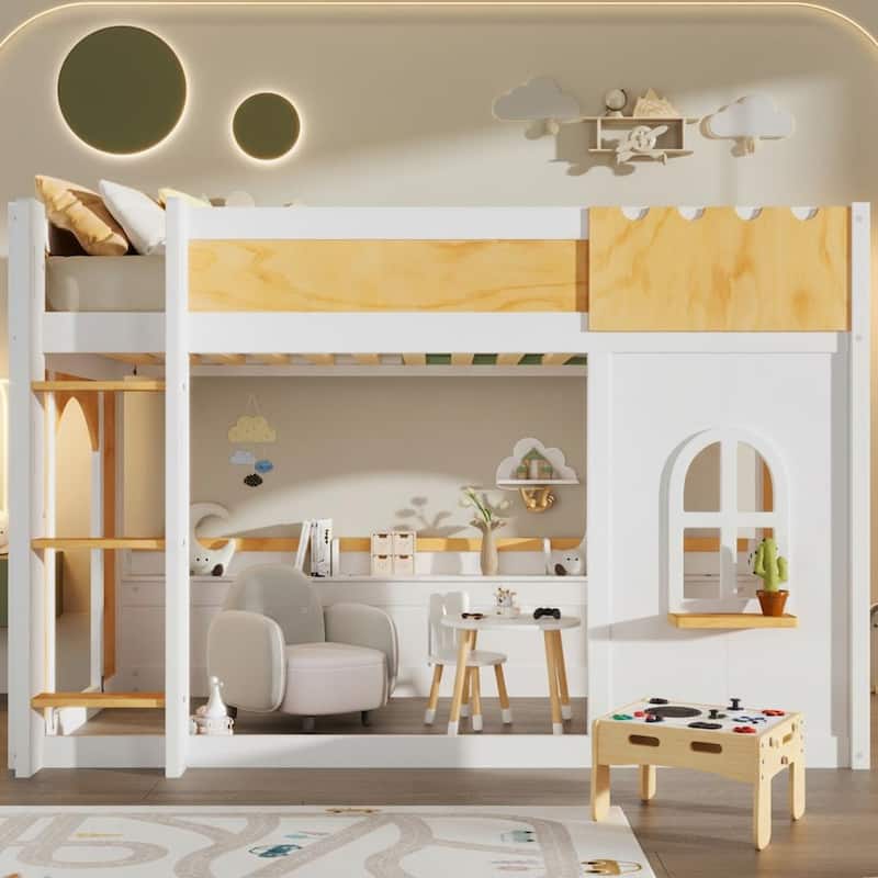 Loft Bunk Bed with Storage Shelves, Window and Two Doors by Harper&Bright Designs