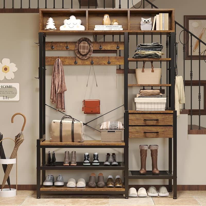 Entryway Bench Hall Tree with Bench and Shoe Storage Coat Rack - Brown