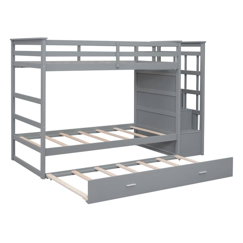 Twin Over Twin Bunk Bed with Trundle and Staircase, Gray