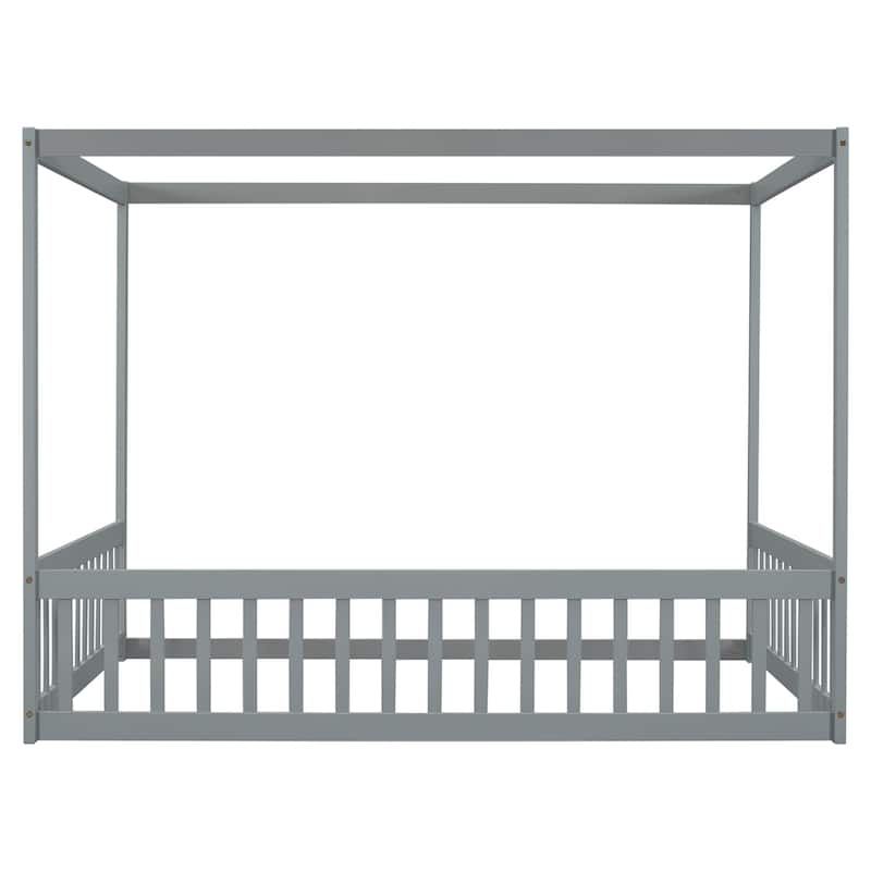 Full Size Canopy Frame Floor Bed with Fence,Guardrails