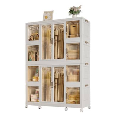 Portable Wardrobe Closet Storage Organizer with Cubby Storage & 2 Hanging Rods for Clothes, Folding Kids Armoires wMagnet Doors