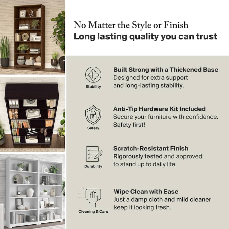 Bush Furniture Cabot Tall 5 Shelf Bookcase with Adjustable Shelves