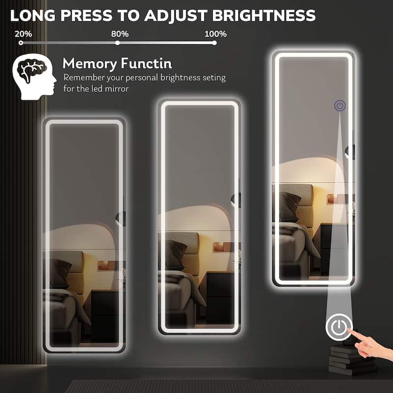 Rectangle Aluminum Alloy Frame Full Length Mirror with Stand & Dimmable 3-Color Lighting for Bedroom Cloakroom