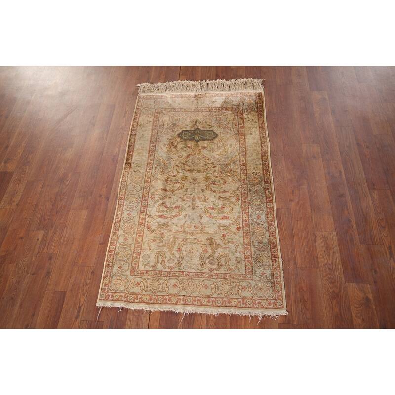 Pre-1900 Antique Hereke Vegetable Dye Turkish Rug Handmade Silk Carpet - 2'3" x 3'11"