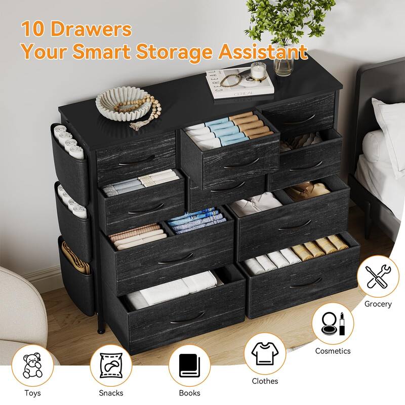 Fabric 10 Drawer Dresser for Bedroom, Metal Frame Storage Organizer Chest with Side Pockets, Hooks