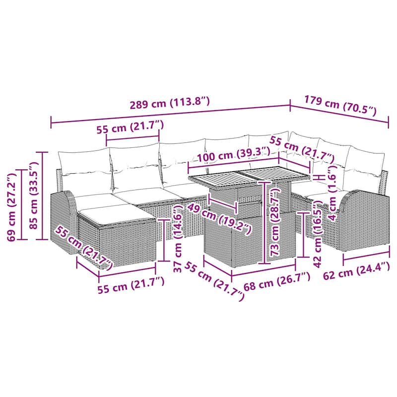 vidaXL 9 Piece Garden Sofa Set with Cushions - 113.8×70.5×27.2