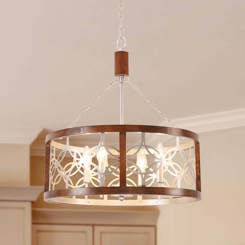 Bella Depot 4-Light Distressed Wood Wheel Chandelier Engraved Pattern Pendant Light with Adjustable Chain - Coffee