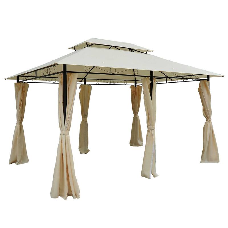 10x13 Foot Outdoor Gazebo with Curtains, Vented Roof, All-Weather Steel Frame for Garden, Lawn, Backyard, Cream White - White