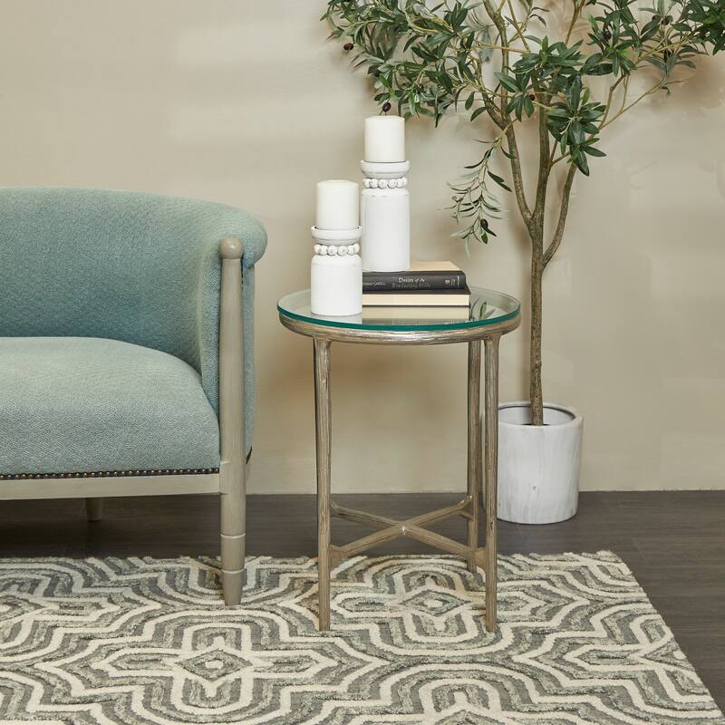 Gold or Silver Aluminum Metal Textured Accent Table with Glass Tabletop - Silver