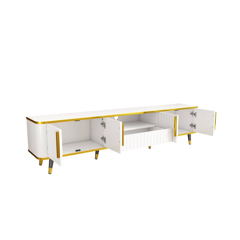 Elegant 79-Inch TV Stand with Ample Storage, Golden Elements, and Sleek Design - Ideal for Large Living Spaces.