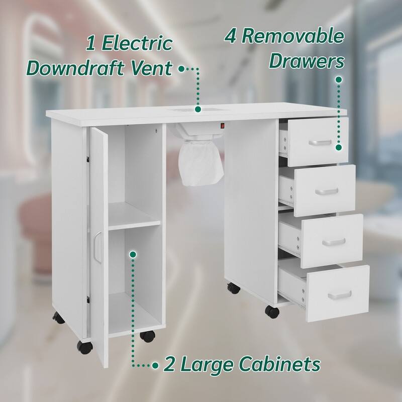 4 Removable Drawers Professional Nail Table with Fan White