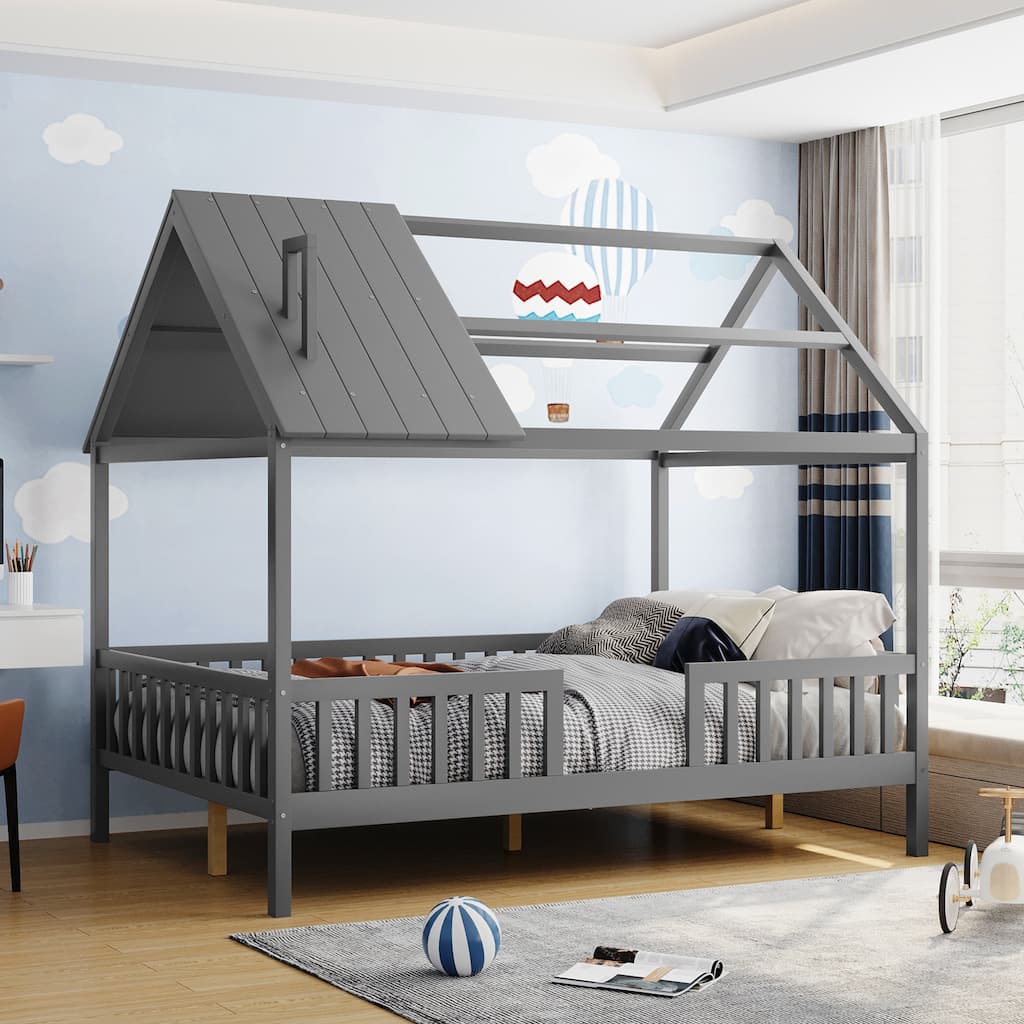 Full Size Wood House Bed with Fence, Gray