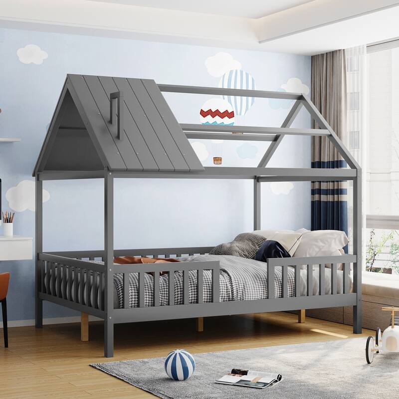 Platform Bed for Kids, Wooden House Shaped Bedframe with Fence & Roof