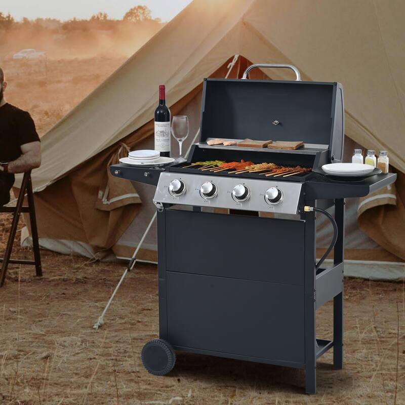 Propane Gas Grill 4 Burner Barbecue Grill, Stainless Steel 34,000 BTU Patio Garden Barbecue Grill with Two Shelves