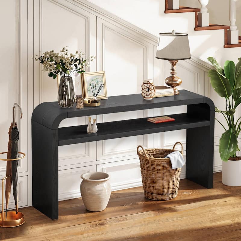 59.4" 2-Tier Curved Long Console Table with Solid Wood Veneer - 59.45"L x 13.78"W x 32.87"H