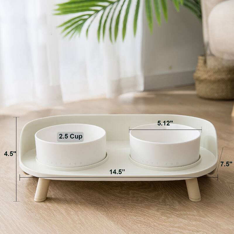 Double Bowl Ceramic Bowl Feeder Set, White