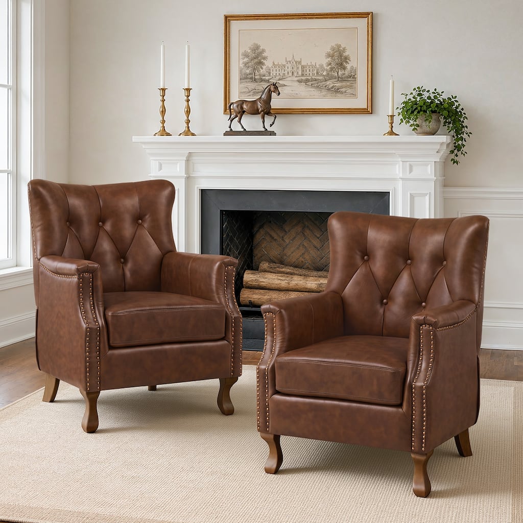 Leather Wingback Accent Chairs Set of 2, Button Tufted Armchairs with Nailhead Trim and Solid Wood Legs - 32"W x 29.5"D x 39.3"H