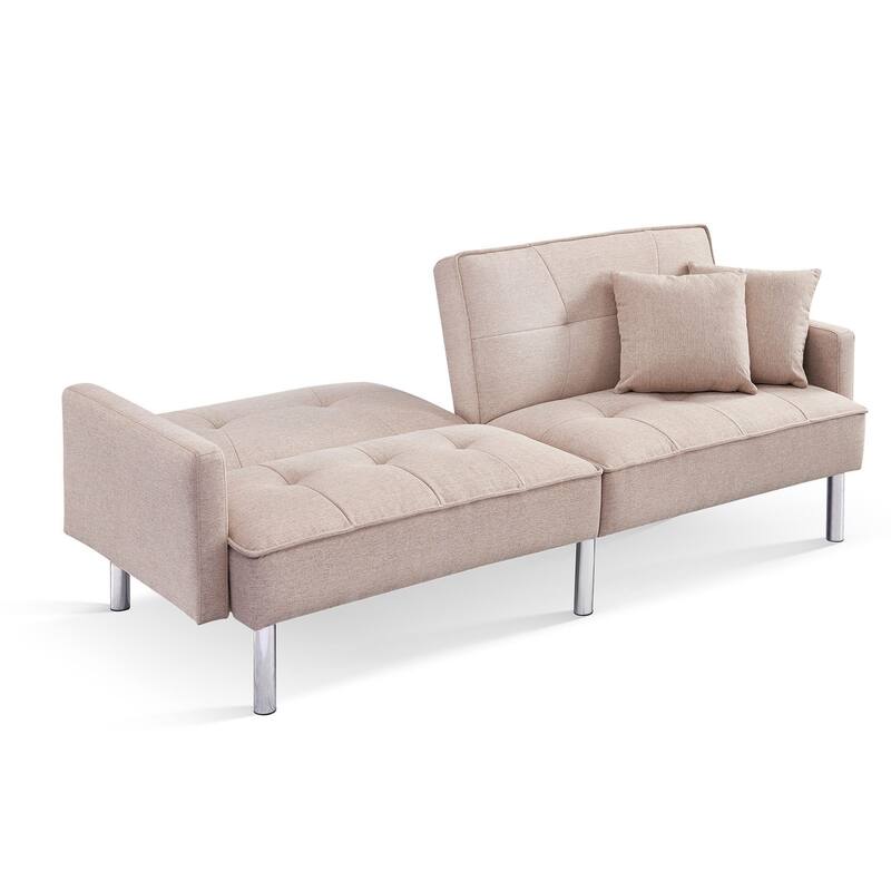 HomeRoots 85" Beige Polyester Blend Convertible Futon Sleeper Sofa And Toss Pillows With Silver Legs - 85