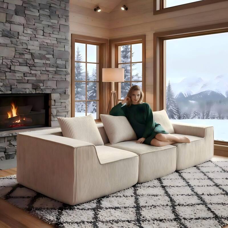Modular Sectional Sofa with Pillows, Corduroy Upholstered 3-Seater Sofa, All-Compressed Foam Sofa for Living Room, Apartment