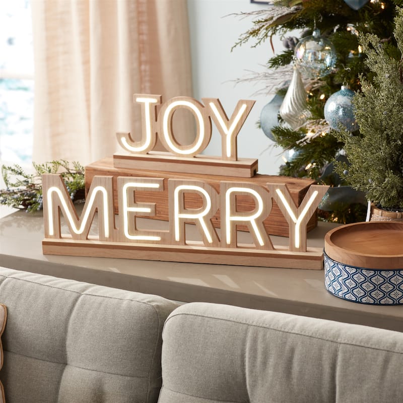 Set of 2 Lighted Joy and Merry Tabletop Sign Set with LED Lights - 24.25” x 2.25” x 6.75”