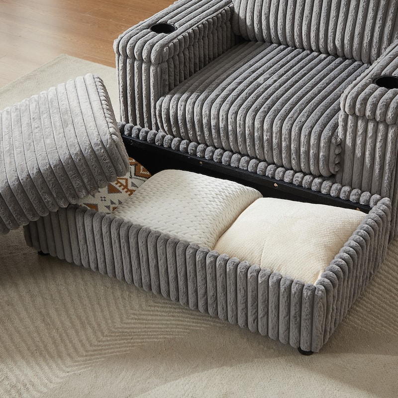 84Inch Corduroy Sofa with 3 Back Pillows,2 Toss Pillows,2 Ottoman,2 Footstool Storage and Cup-Holding Grooves Comfy Sofa