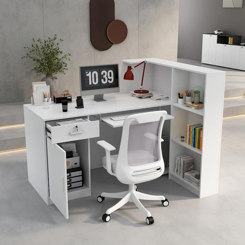 Reception Desk L-Shaped Front Counter Table w/ Storage Shelf by Timechee
