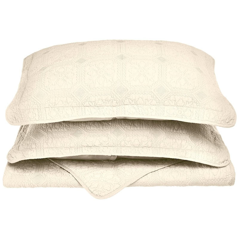Superior Carrollton Floral Checkered Cotton Quilt Set - Ivory - Queen
