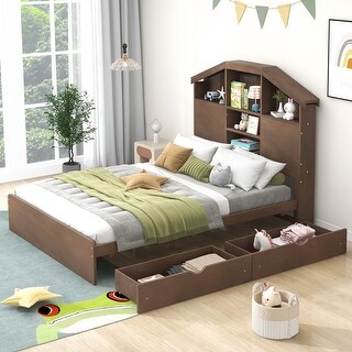 Full Size Wood Platform Bed with Storage Headboard and 2 Drawers
