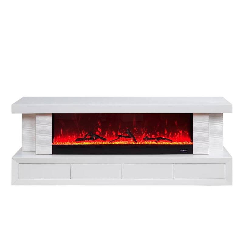 Spencer 71"W White Finish TV Stand with Fireplace and Speaker