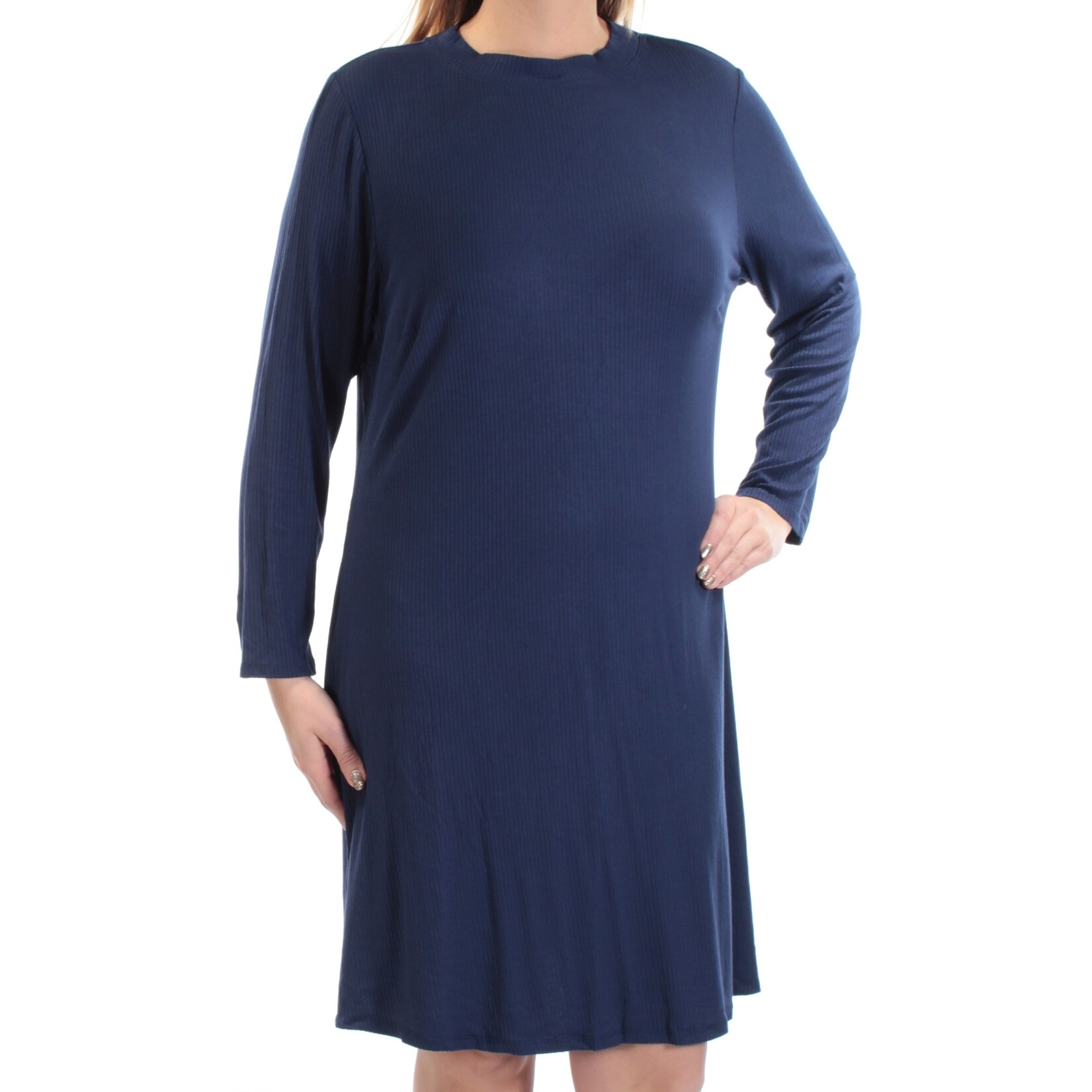 Shop Love Squared Womens Navy Ribbed Long Sleeve Crew Neck Knee