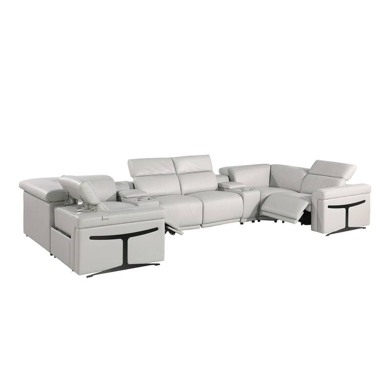 HomeRoots Light Gray Italian Leather Power Reclining U Shaped Eight Piece Corner Sectional With Console