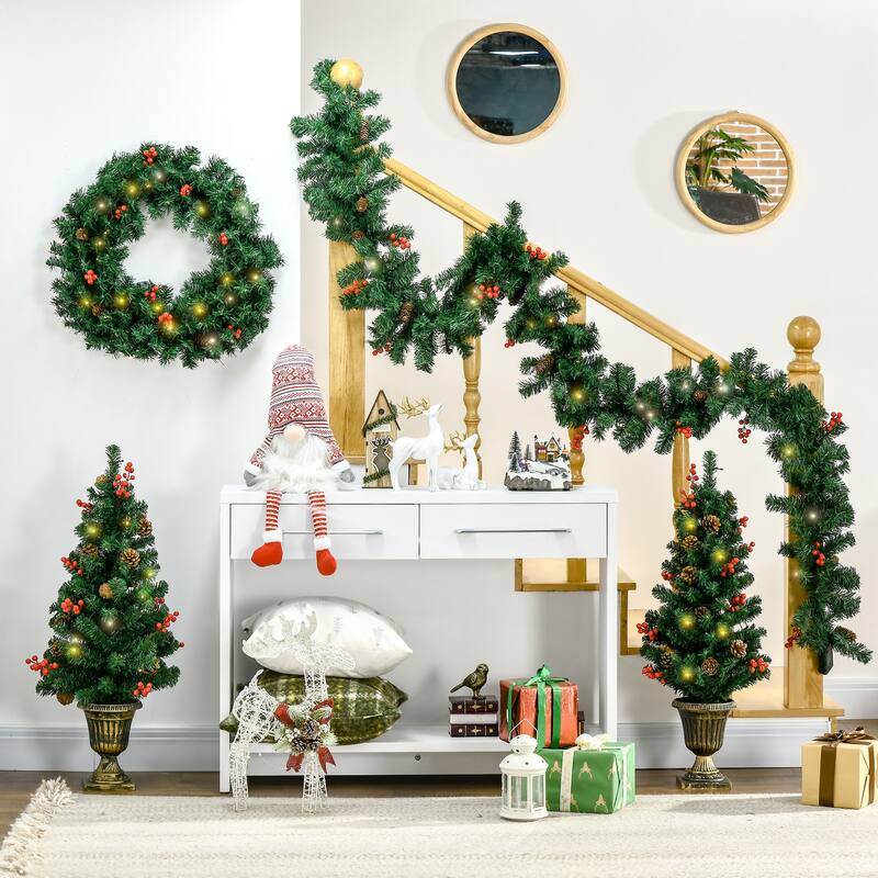 Complete Holiday Set, 2 Entrance Trees, Garland, and Wreath with LED Lights, Berries and Pine Cones for Home Holiday Decor