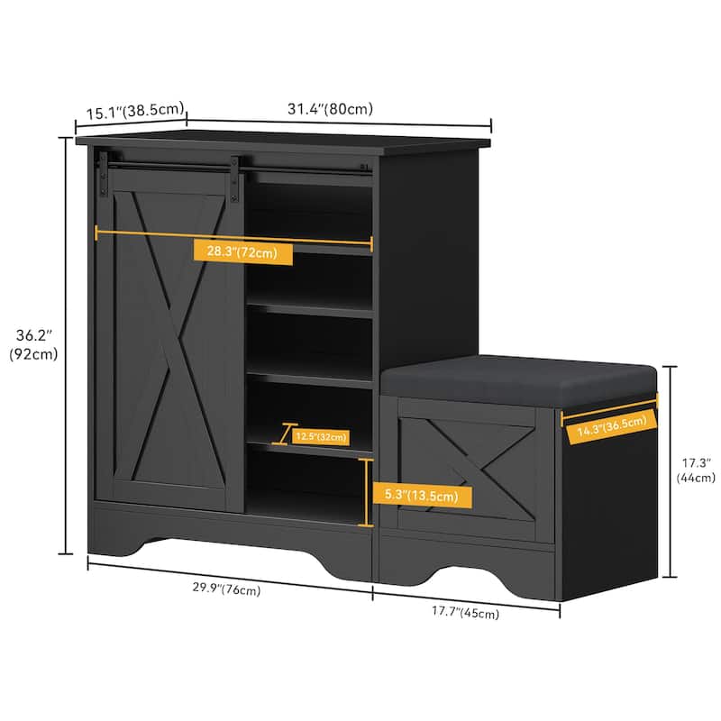 Farmhouse Shoe Cabinet with Sliding Door Shoe Bench 5-Tier Shoe Storage Cabinet with Adjustable Shelves for 20 Pairs