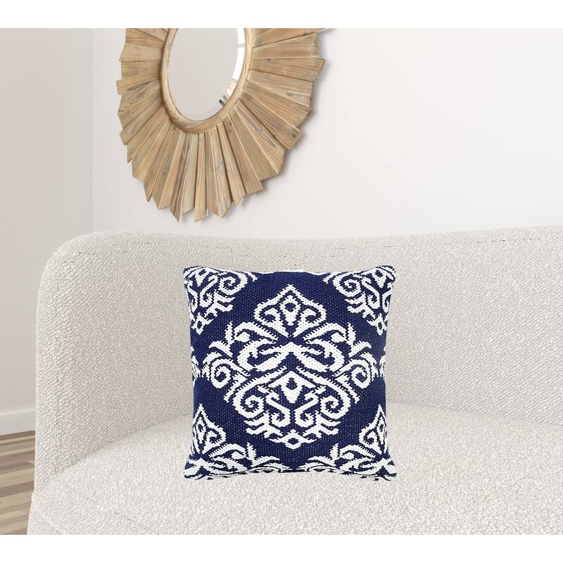 HomeRoots 20" X 20" Blue And White 100% Cotton Damask Zippered Pillow