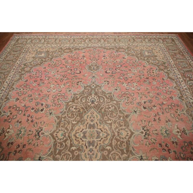 Hand Knotted Oriental 100% Wool Carpet Traditional Floral Pink Mashad Area Rug - 13' 0'' X 9' 7''