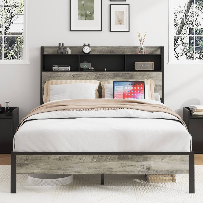 Full size bed frame, wooden platform bed frame, with storage and 2 USBs, no noise, no need for box springs
