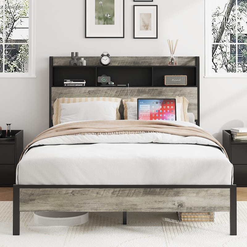 Industrial Style Metal Platform Bed with USB Ports（Twin/Full）
