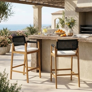 Christopher Knight Home - Malibu Outdoor Bar Stool Set Acacia Wood with Rope Back and Water-Resistant Cushions