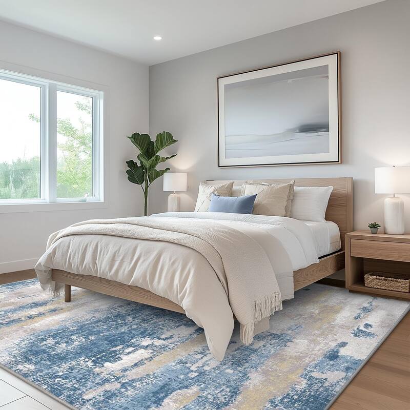 Mcow Modern Abstract Blue & Cream Low-Pile Area Rug