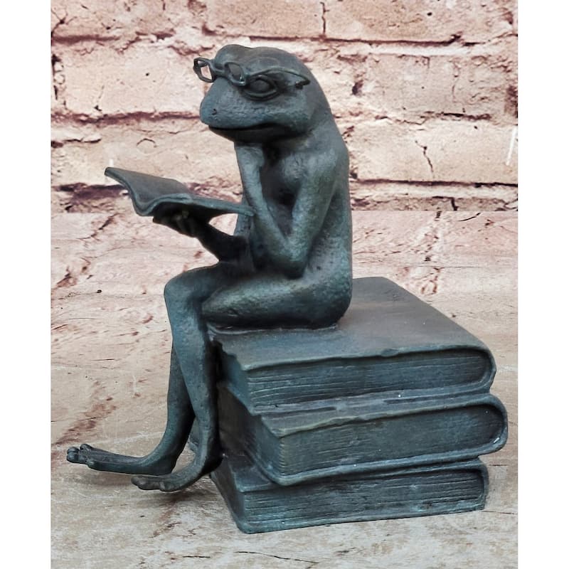 Bronze Frog Sculpture – Reading Frog With Glasses Statue On Books