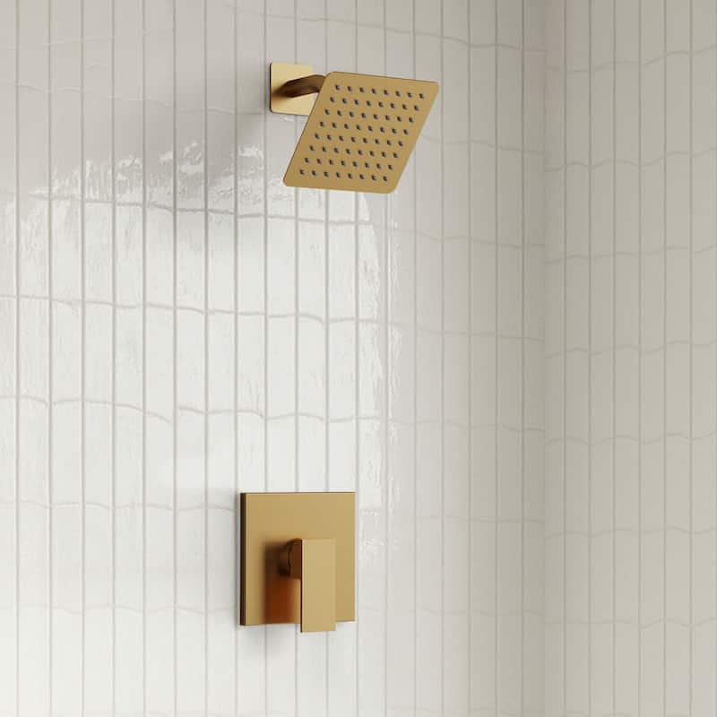 Stainless Steel Rainfall Shower Head, Single-Function Shower Faucet with Pressure-Balanced Valve - Brushed Gold