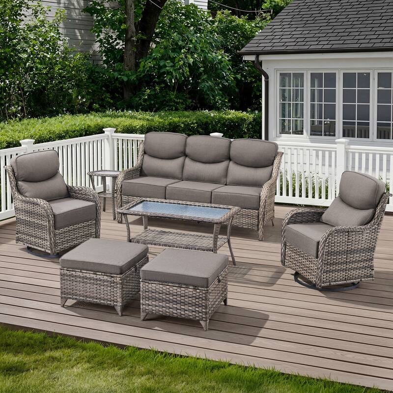 Meyreso 7-Piece Wicker Patio Conversation Set with Swivel Gliders and 6-Inch Thick Cushions