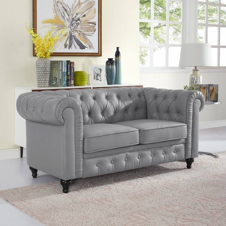 Everett Chesterfield Love Seat & Sofa - Rolled Arms, Tufted Cushions, 2- and 3-Seater Sectional Couch for Small Spaces