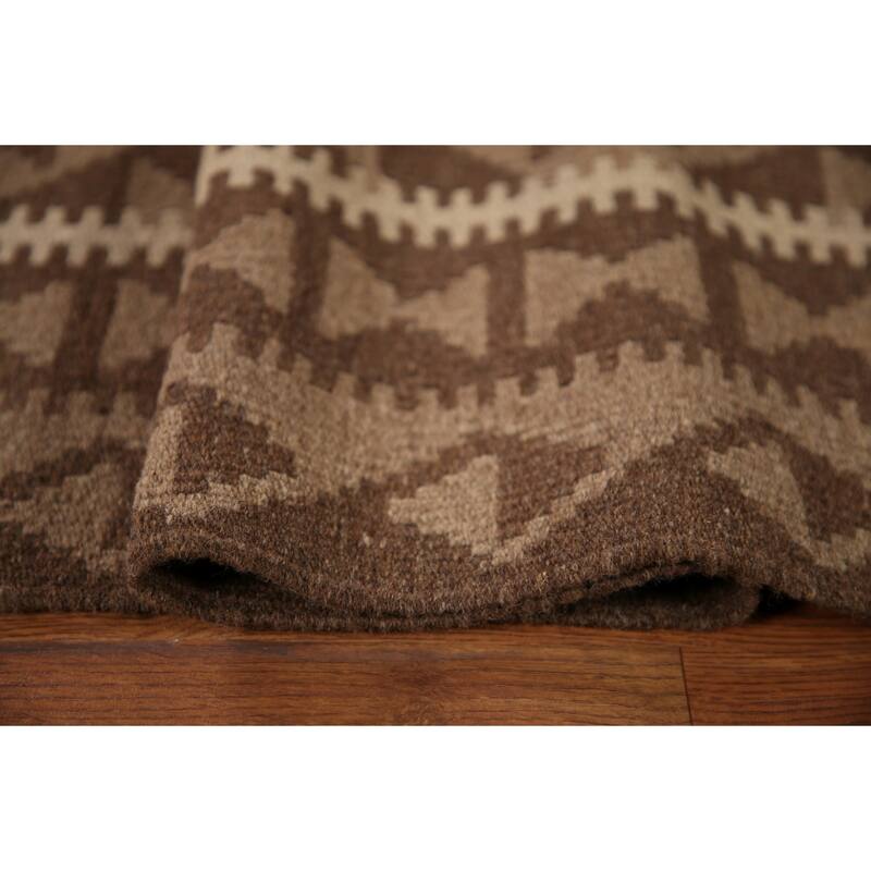 Geometric Kilim Brown Area Rug Flat-weave Wool Carpet - 6'6" x 10'0"