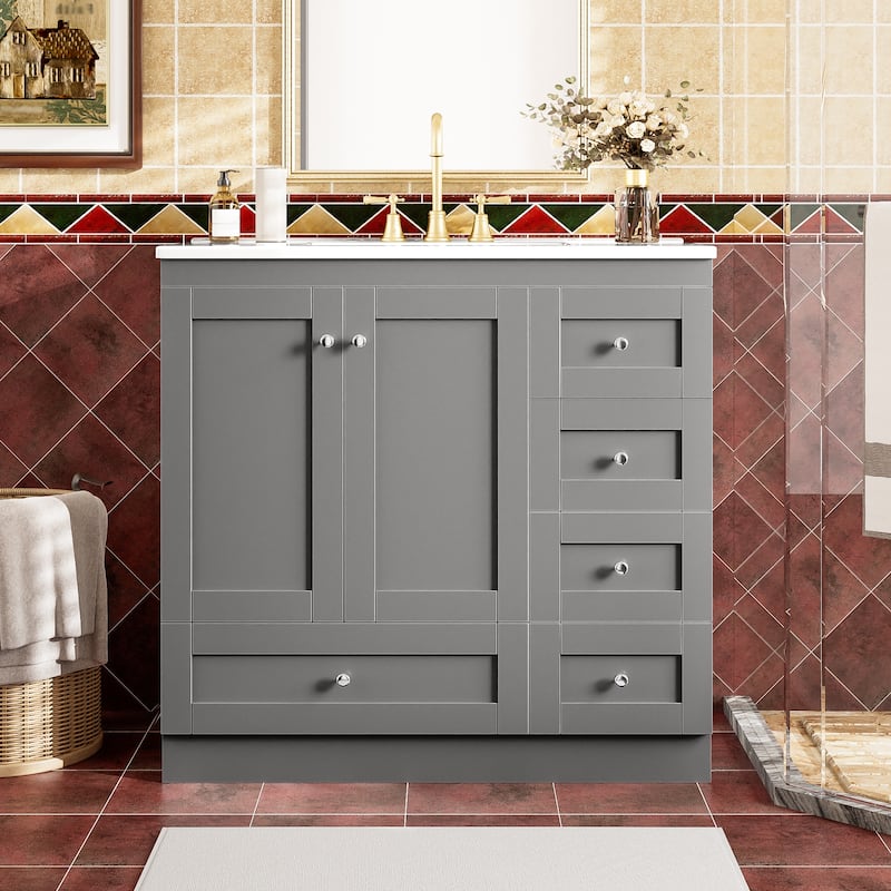 GDFStudio - Vega Wood 36" Shaker Style Bathroom Vanity with 4 Smooth-Glide Drawers & 2 Soft Close Doors