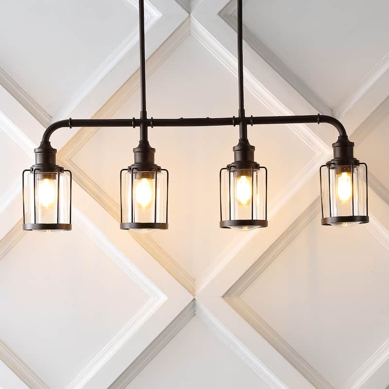Arlo 34" 4-Light Farmhouse Industrial Iron/Glass Linear LED Pendant, Oil Rubbed Bronze/Clear by JONATHAN Y
